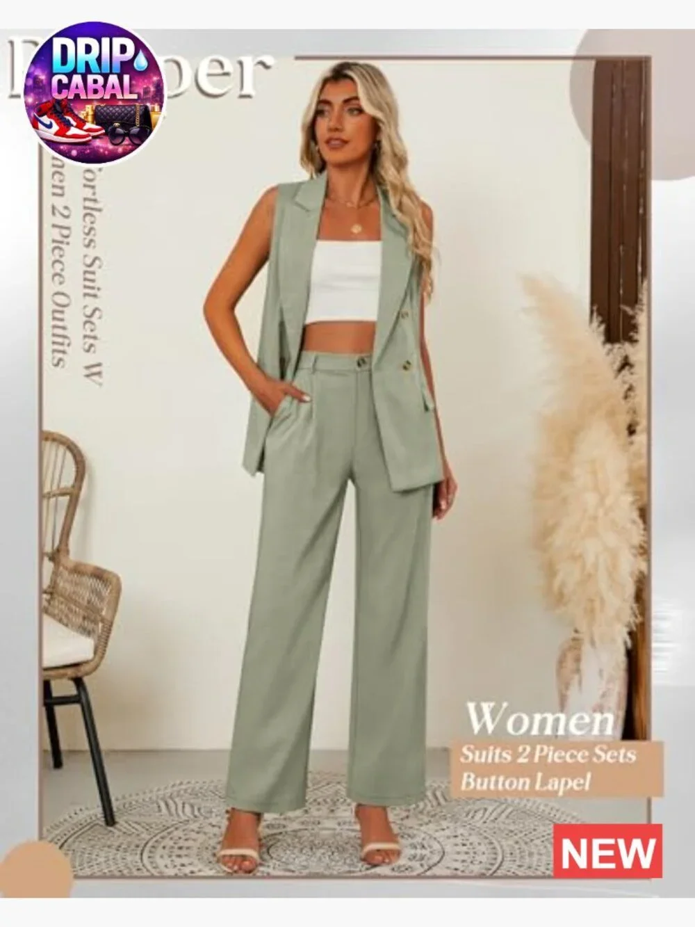 Women's 2 Piece Suit Set Blazer Vest Wide Leg Pants Matching Outfit